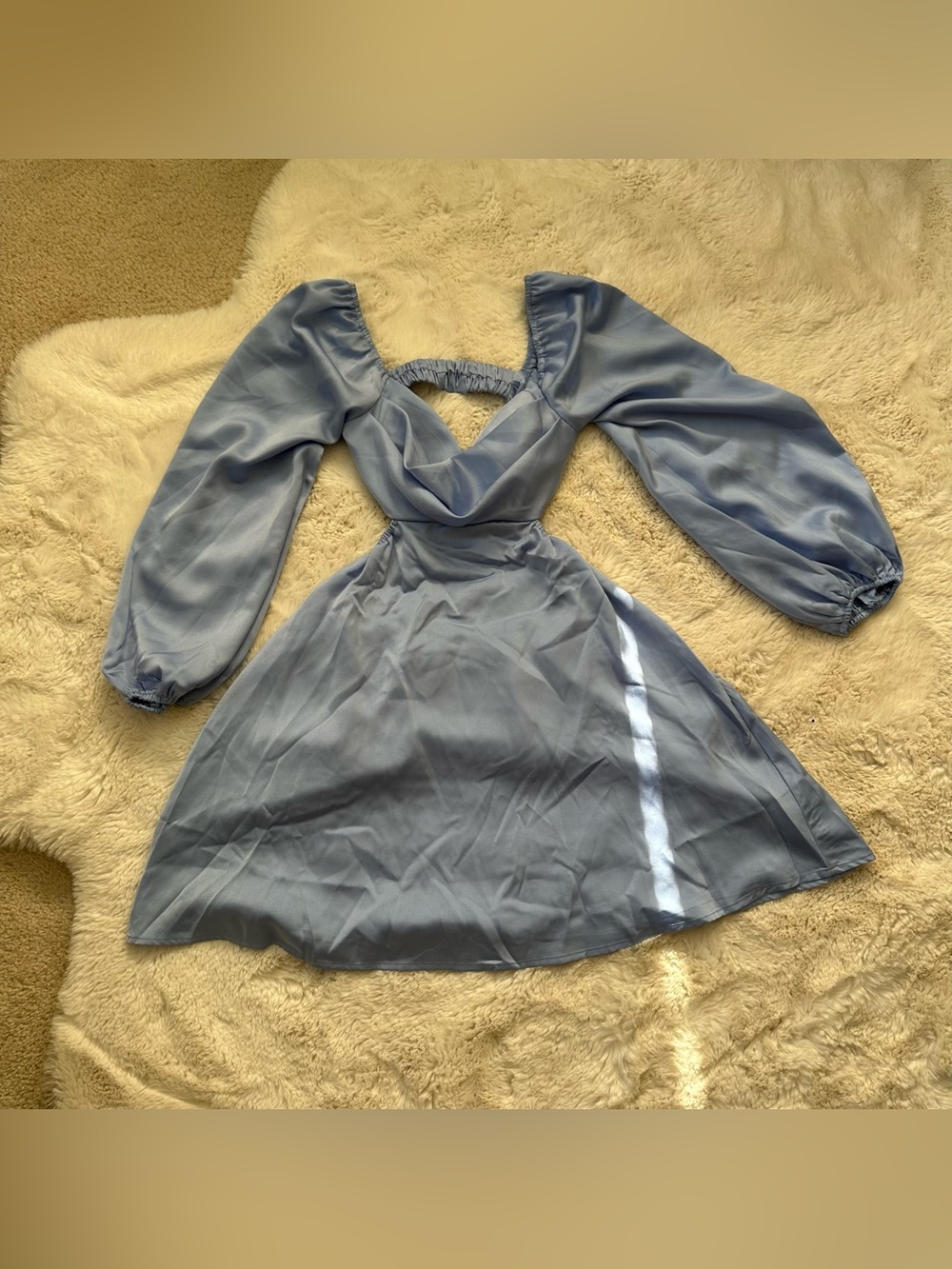 Light Blue Puff Sleeve Open Back Mini Dress